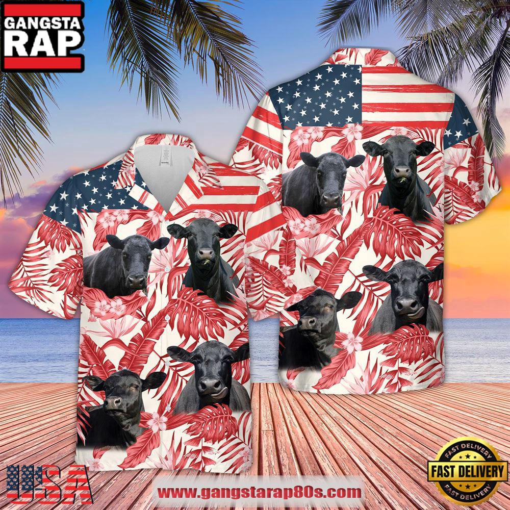 Farm Hawaiian Shirt, Black Angus Red Floral Us Flag 3D Hawaiian Shirt, Cow Hawaiian Shirt