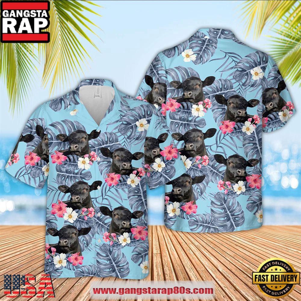 Farm Hawaiian Shirt, Black Angus Sierra Blue Pattern 3D Hawaiian Shirt, Cow Hawaiian Shirt