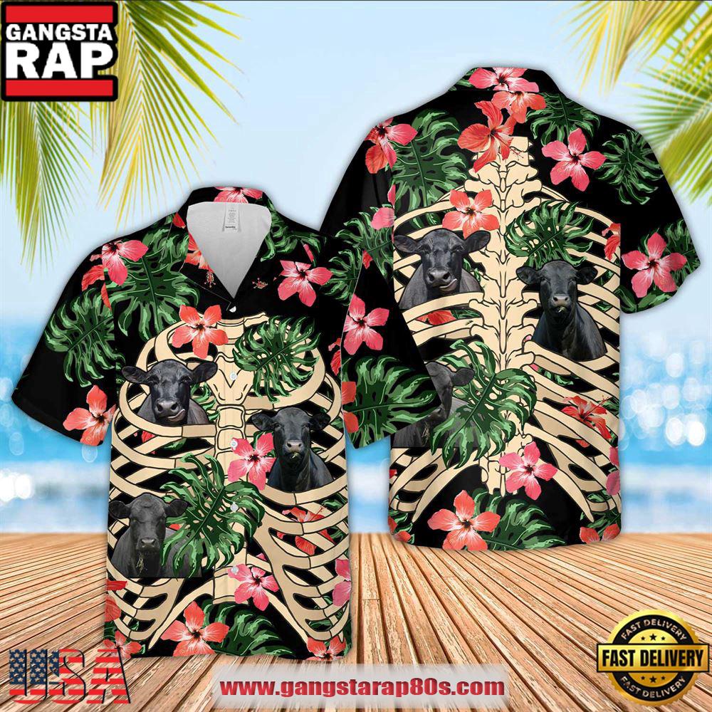 Farm Hawaiian Shirt, Black Angus Skeleton Hawaiian Shirts, Cow Hawaiian Shirt