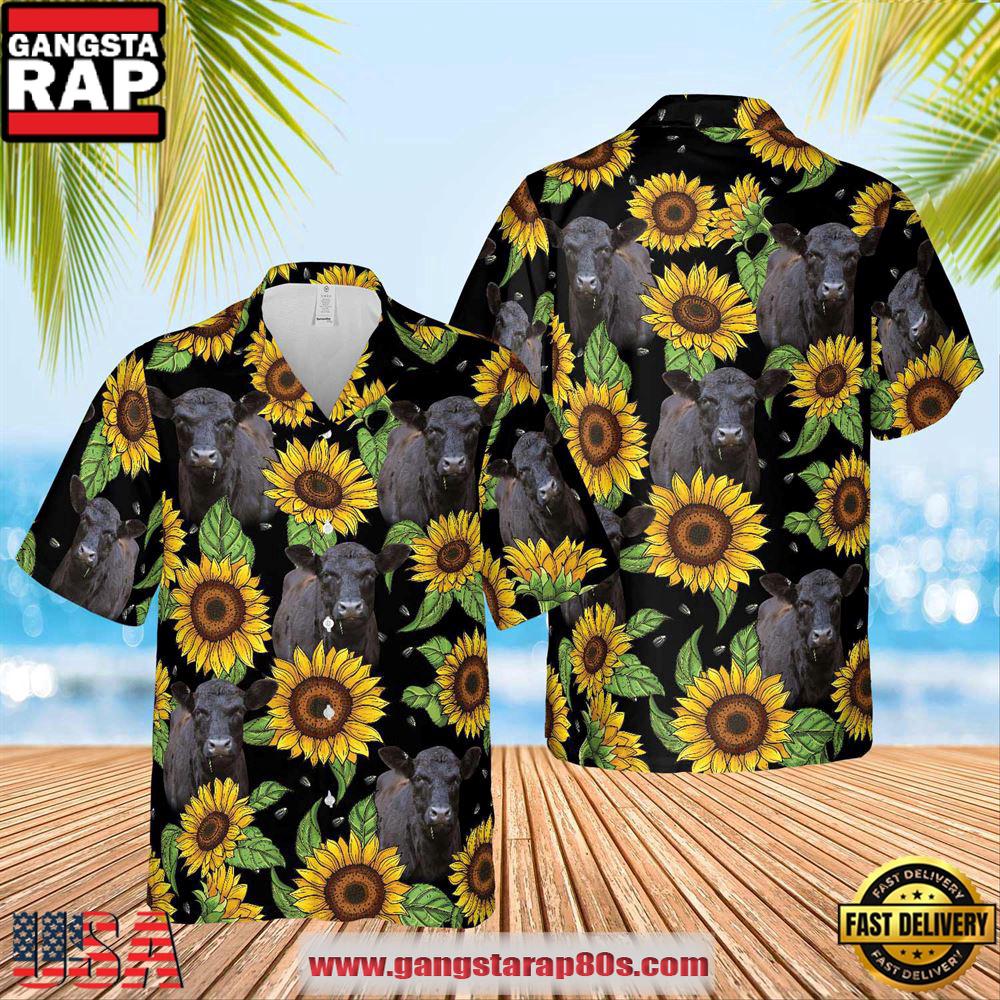 Farm Hawaiian Shirt, Black Angus Sunflower Hawaiian Shirt 2023, Cow Hawaiian Shirt