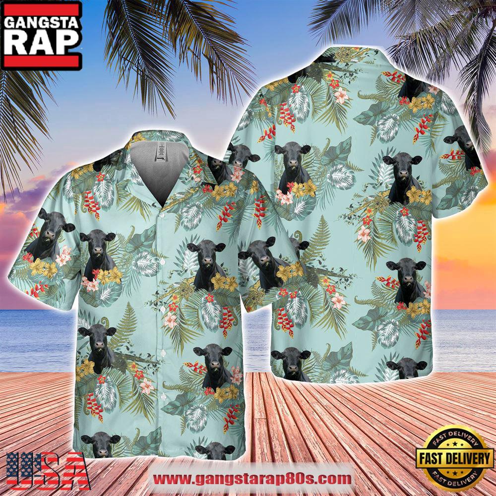 Farm Hawaiian Shirt, Black Angus Tropical Flowers Pattern Hawaiian Shirt, Cow Hawaiian Shirt