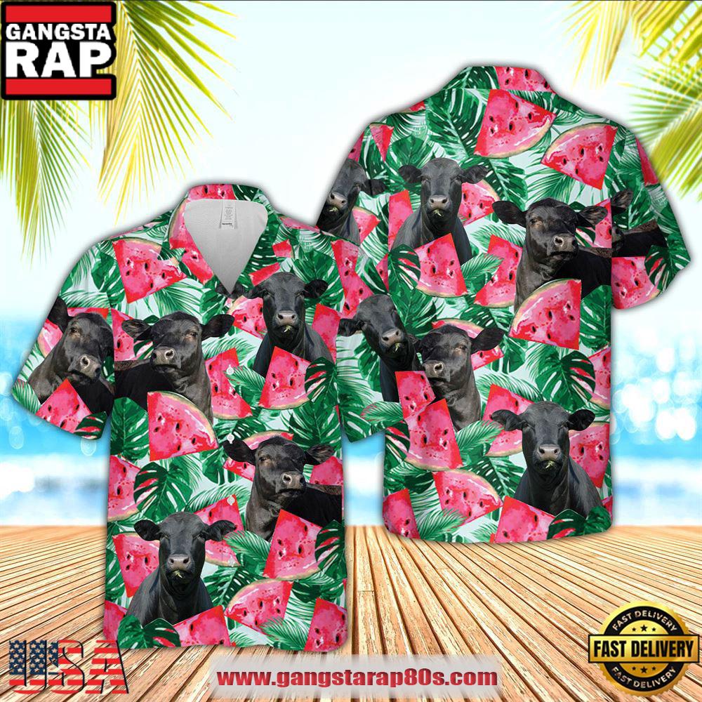 Farm Hawaiian Shirt, Black Angus Watermelon 3D Hawaiian Shirt, Cow Hawaiian Shirt