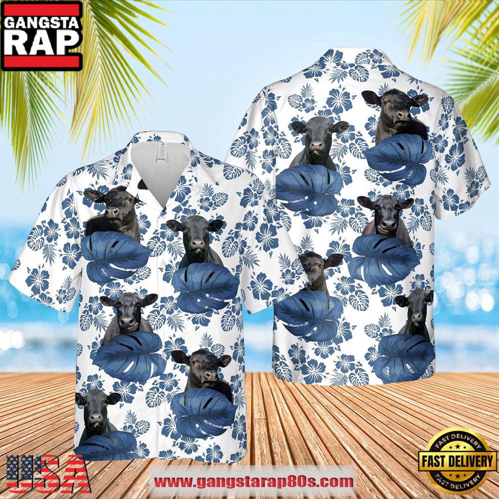 Farm Hawaiian Shirt, Black Angus White Blue Hawaiian Shirts, Cow Hawaiian Shirt