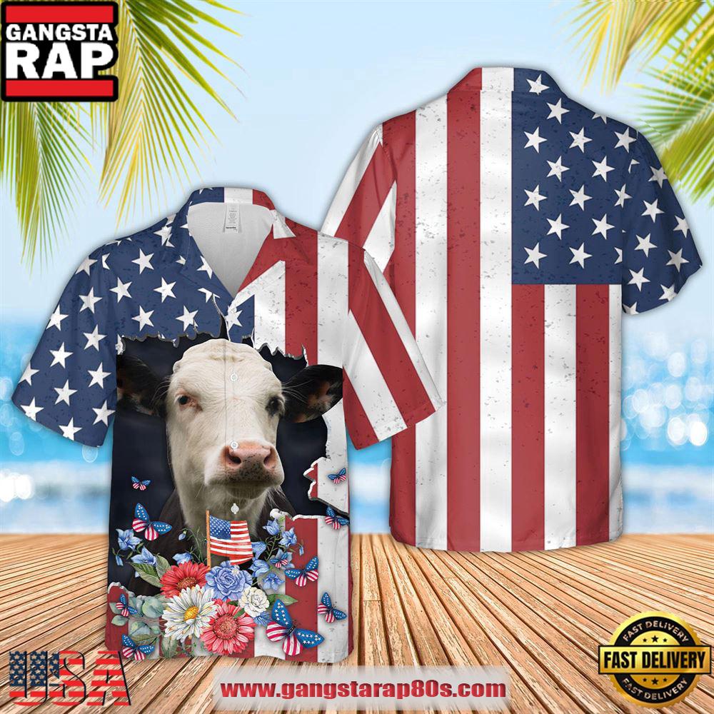 Farm Hawaiian Shirt, Black Baldy 4Th Of July 3D Hawaiian Shirt, Cow Hawaiian Shirt