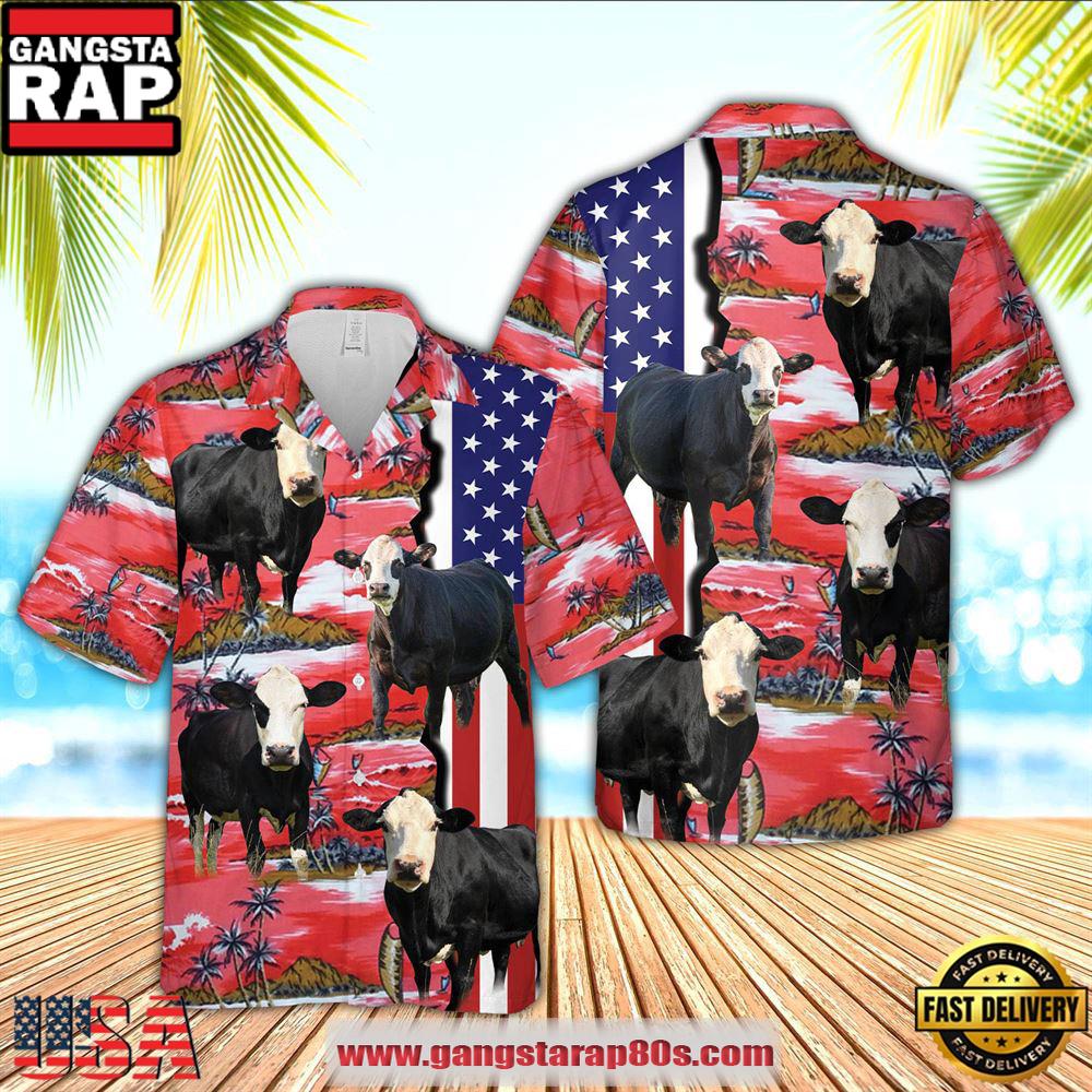 Farm Hawaiian Shirt, Black Baldy American Flag Farming 3D Hawaiian Shirt, Cow Hawaiian Shirt