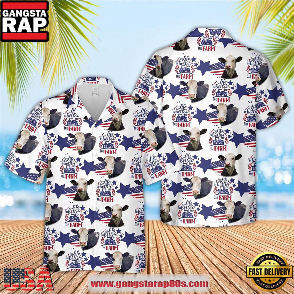 Farm Hawaiian Shirt, Black Baldy American Flag Pattern Hawaiian Shirt, Cow Hawaiian Shirt