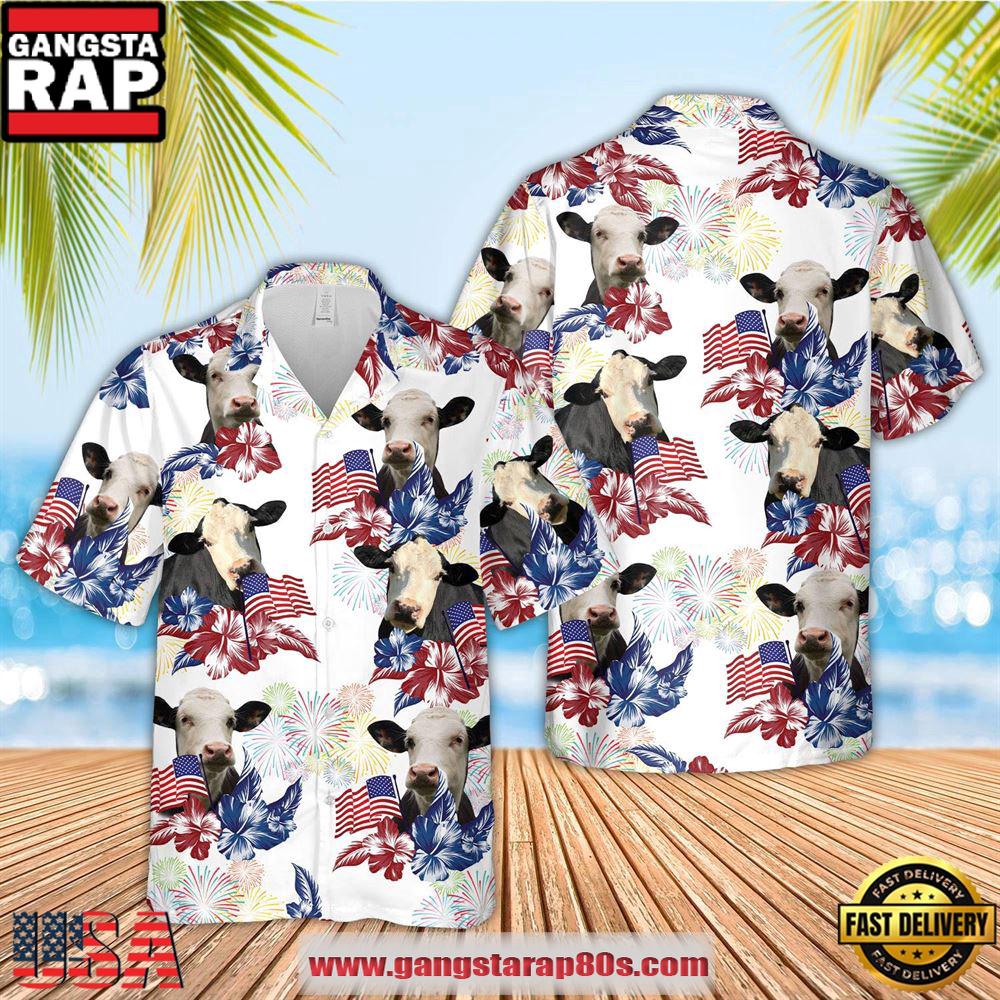 Farm Hawaiian Shirt, Black Baldy American Flowers And Flag Pattern Hawaiian Shirt, Cow Hawaiian Shirt