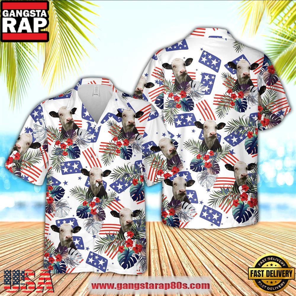 Farm Hawaiian Shirt, Black Baldy American Little Flowers And Flag Pattern Hawaiian Shirt, Cow Hawaiian Shirt