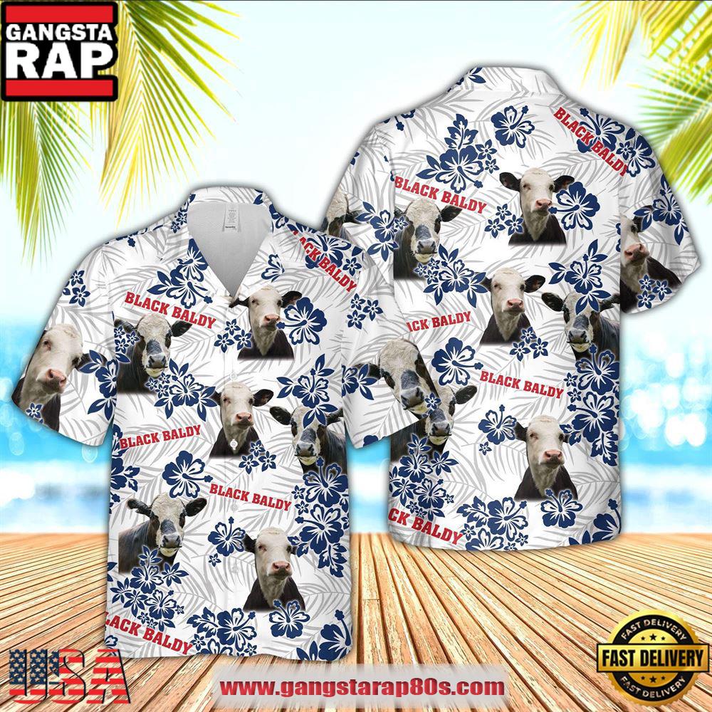 Farm Hawaiian Shirt, Black Baldy American White Flowers Pattern Hawaiian Shirt, Cow Hawaiian Shirt