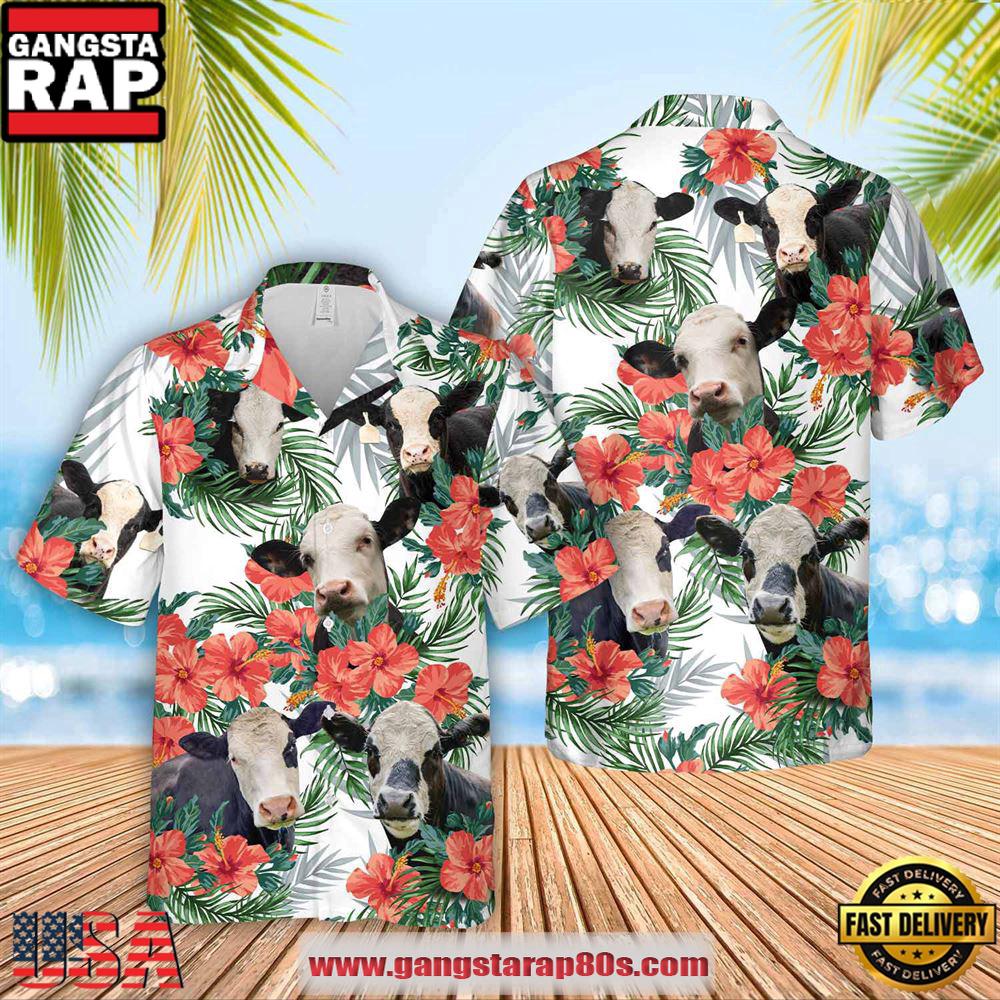 Farm Hawaiian Shirt, Black Baldy Cattle Hibucis Flower Pattern 3D Hawaiian Shirt, Cow Hawaiian Shirt
