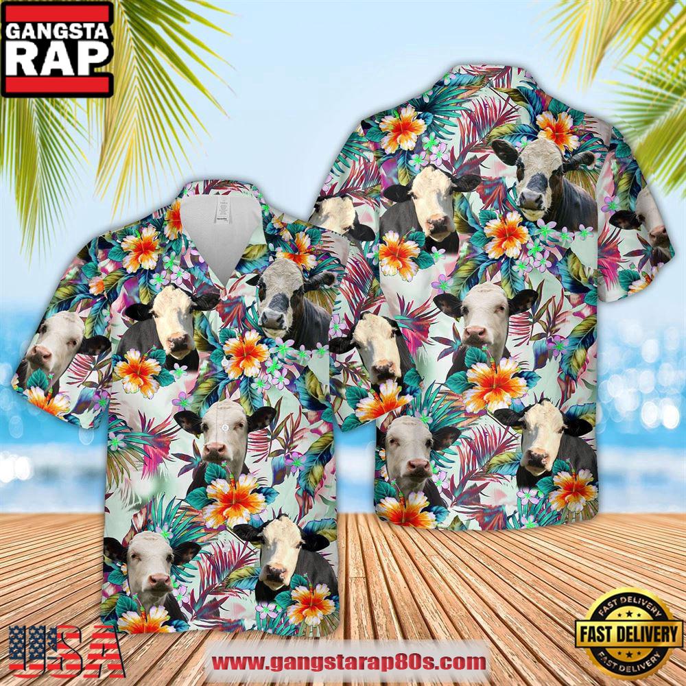 Farm Hawaiian Shirt, Black Baldy Colorful Leaf Pattern Hawaiian Shirt, Cow Hawaiian Shirt