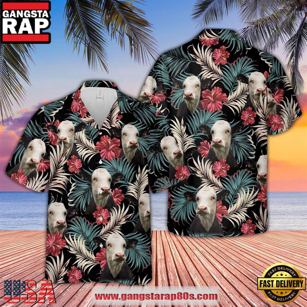 Farm Hawaiian Shirt, Black Baldy Dark Red Flowers Pattern Hawaiian Shirt, Cow Hawaiian Shirt