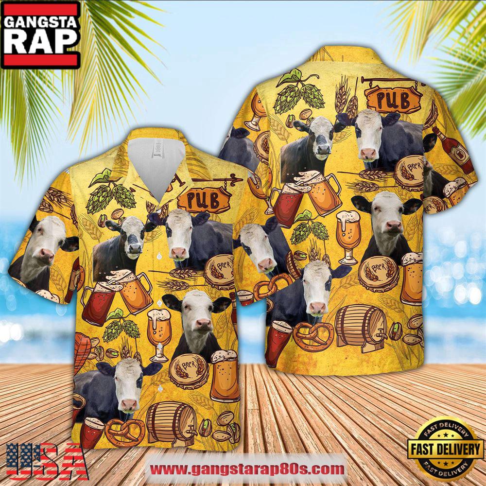 Farm Hawaiian Shirt, Black Baldy Drink Beer Pattern 3D Hawaiian Shirt, Cow Hawaiian Shirt