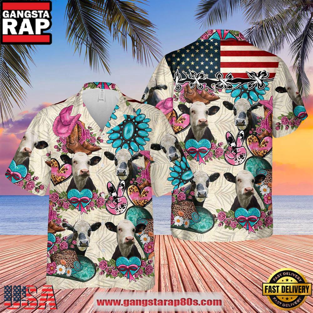 Farm Hawaiian Shirt, Black Baldy Happiness Flowers 3D Hawaiian Shirt, Cow Hawaiian Shirt