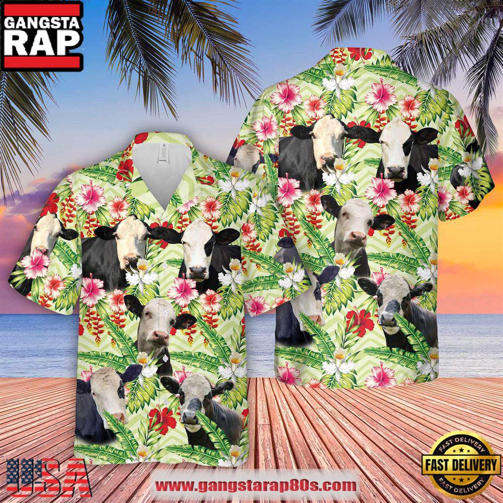 Farm Hawaiian Shirt, Black Baldy Hibicus Floral 3D Hawaiian Shirt, Cow Hawaiian Shirt