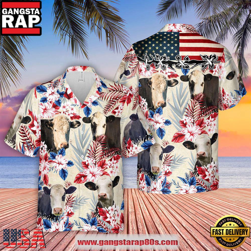 Farm Hawaiian Shirt, Black Baldy Pattern Us Flag Hawaiian Shirt, Cow Hawaiian Shirt