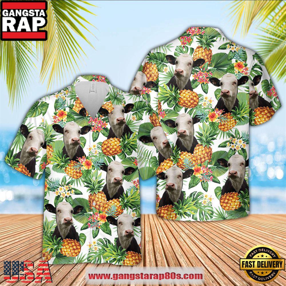 Farm Hawaiian Shirt, Black Baldy Pineapple Pattern 3D Hawaiian Shirt, Cow Hawaiian Shirt