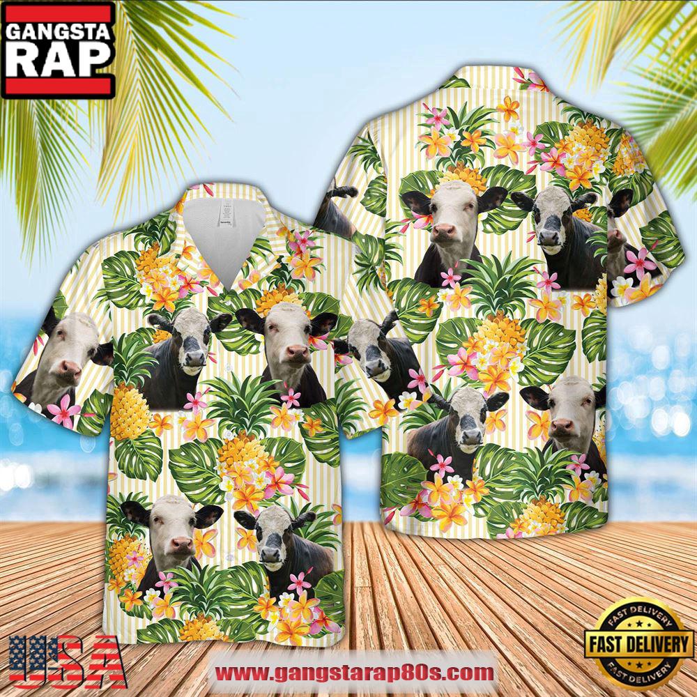 Farm Hawaiian Shirt, Black Baldy Pineapple Pattern Hawaiian Shirt, Cow Hawaiian Shirt
