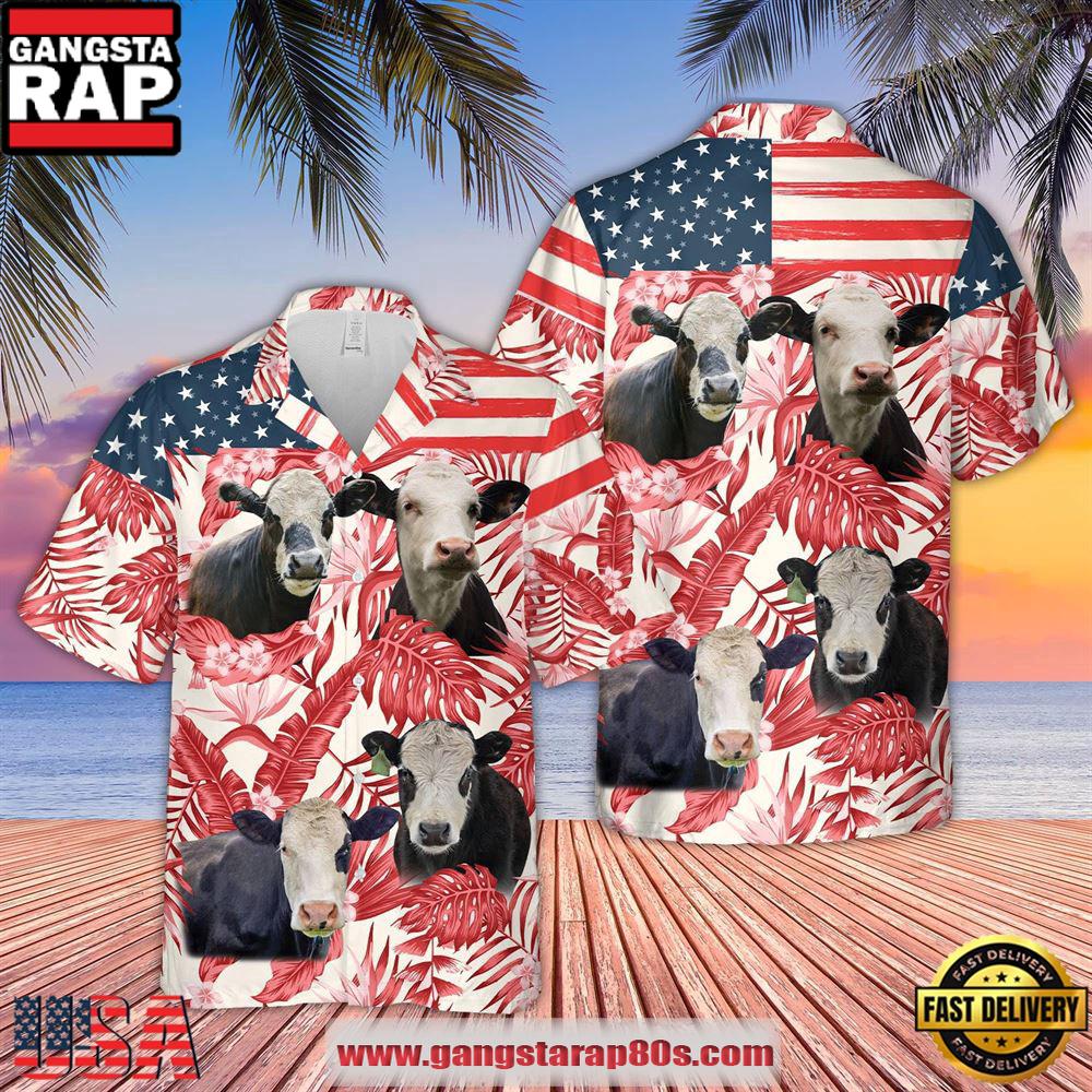 Farm Hawaiian Shirt, Black Baldy Red Floral Us Flag 3D Hawaiian Shirt, Cow Hawaiian Shirt