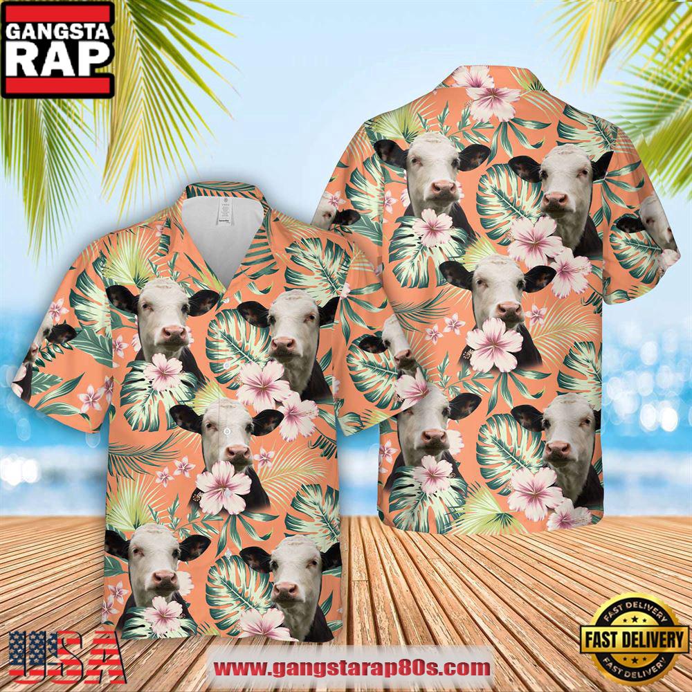 Farm Hawaiian Shirt, Black Baldy Summer Happiness Floral Farm 3D Hawaiian Shirt, Cow Hawaiian Shirt