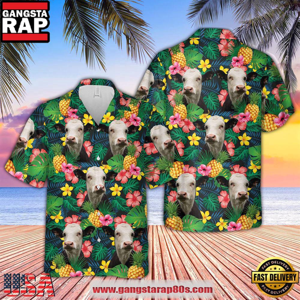 Farm Hawaiian Shirt, Black Baldy Summer Pattern 3D Hawaiian Shirt, Cow Hawaiian Shirt