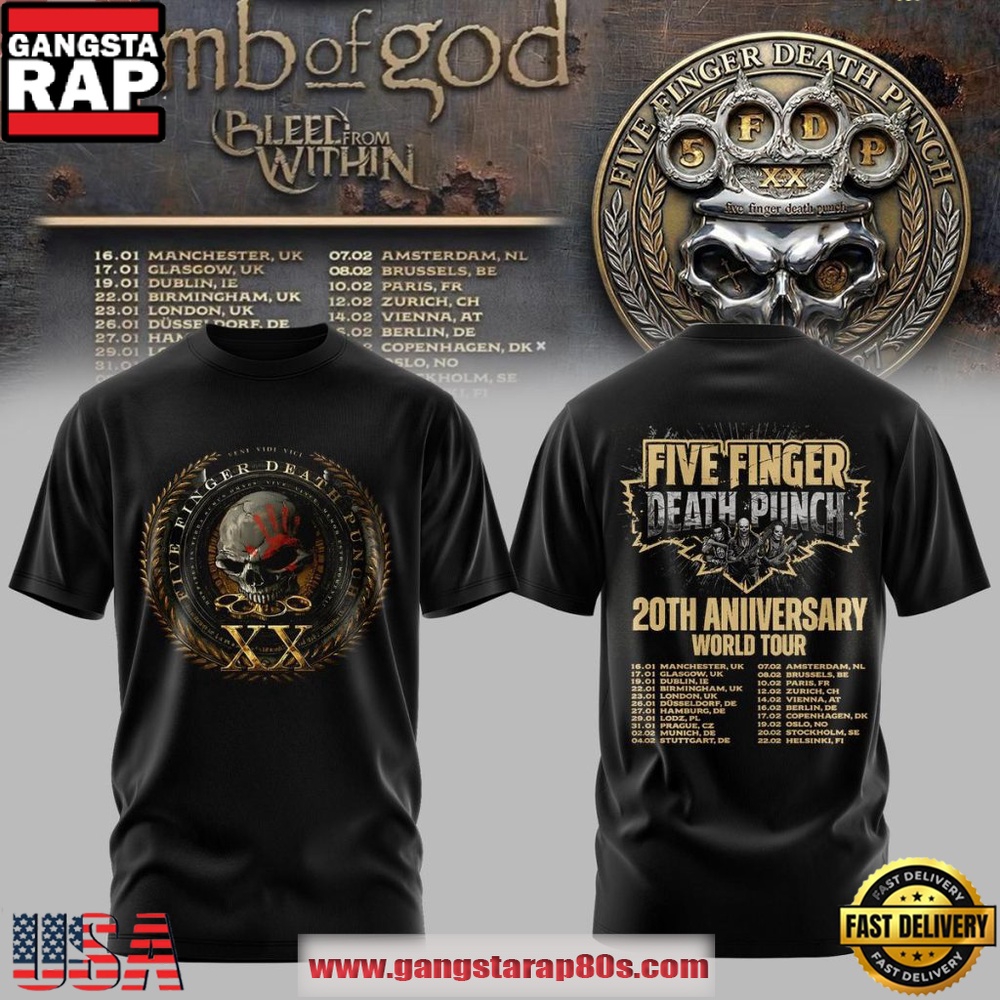 Five Finger Death Punch 20 Years No Mercy World Tour 2026 Unisex T-Shirt Five Finger Death Punch 20 Years No Mercy World Tour 2026 Unisex T-Shirt
