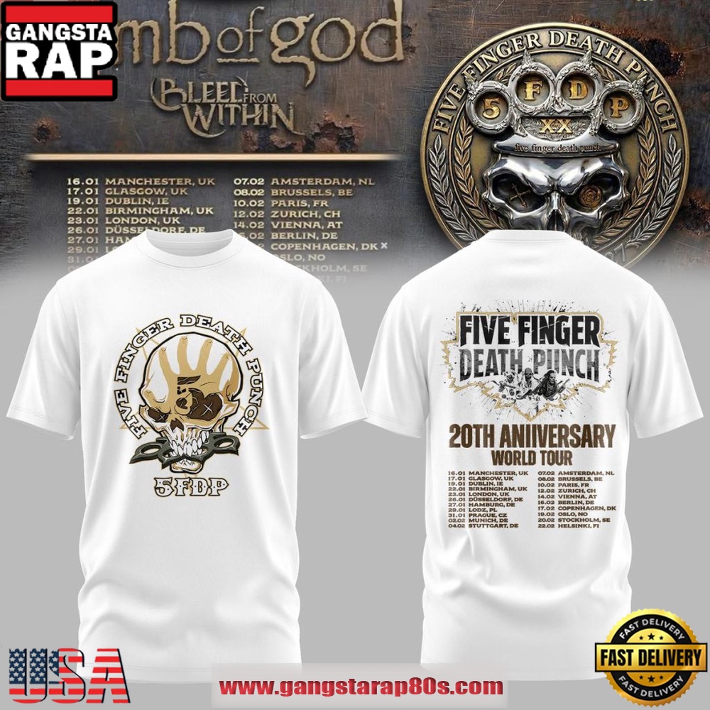 Five Finger Death Punch 20 Years No Mercy World Tour 2026 White 3D Shirt Five Finger Death Punch 20 Years No Mercy World Tour 2026 White 3D Shirt