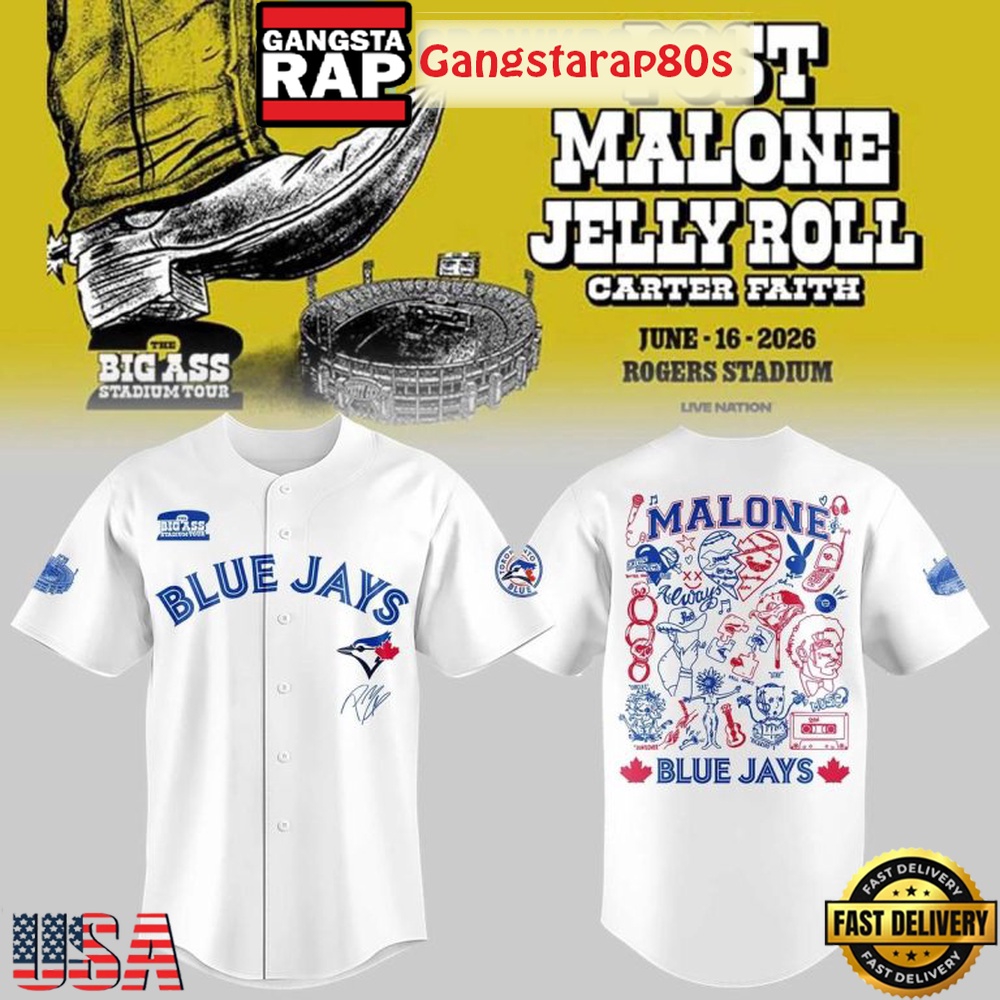 Post Malone x Jelly Roll Toronto Blue Jays The Big Ass Stadium Tour 2026 Baseball Jersey Post Malone x Jelly Roll Toronto Blue Jays The Big Ass Stadium Tour 2026 Baseball Jersey