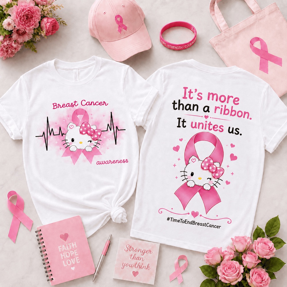 Hello Kitty Together in Pink Breast Cancer Awareness Ribbon, Heartbeat & Unity Front and Back T Shirt , Trending 3D Music Shirt Hello Kitty Together IN Pink Breast Cancer Awareness Ribbon Heartbeat Unity Front And Back T Shirt