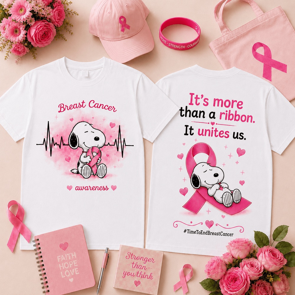 Snoopy Together in Pink Breast Cancer Awareness Ribbon, Heartbeat & Unity Front and Back T Shirt , Trending 3D Music Shirt Snoopy Together IN Pink Breast Cancer Awareness Ribbon Heartbeat Unity Front And Back T Shirt