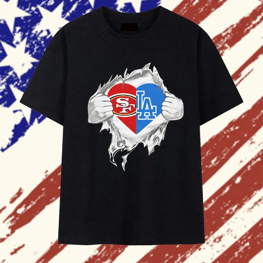 San Francisco 49ers and Los Angeles Dodgers mashup heart with Superman chest rip T Shirt, Trending 2D Shirt San Francisco 49ers and Los Angeles Dodgers mashup heart with Superman chest rip T Shirt, Trending 2D Shirt