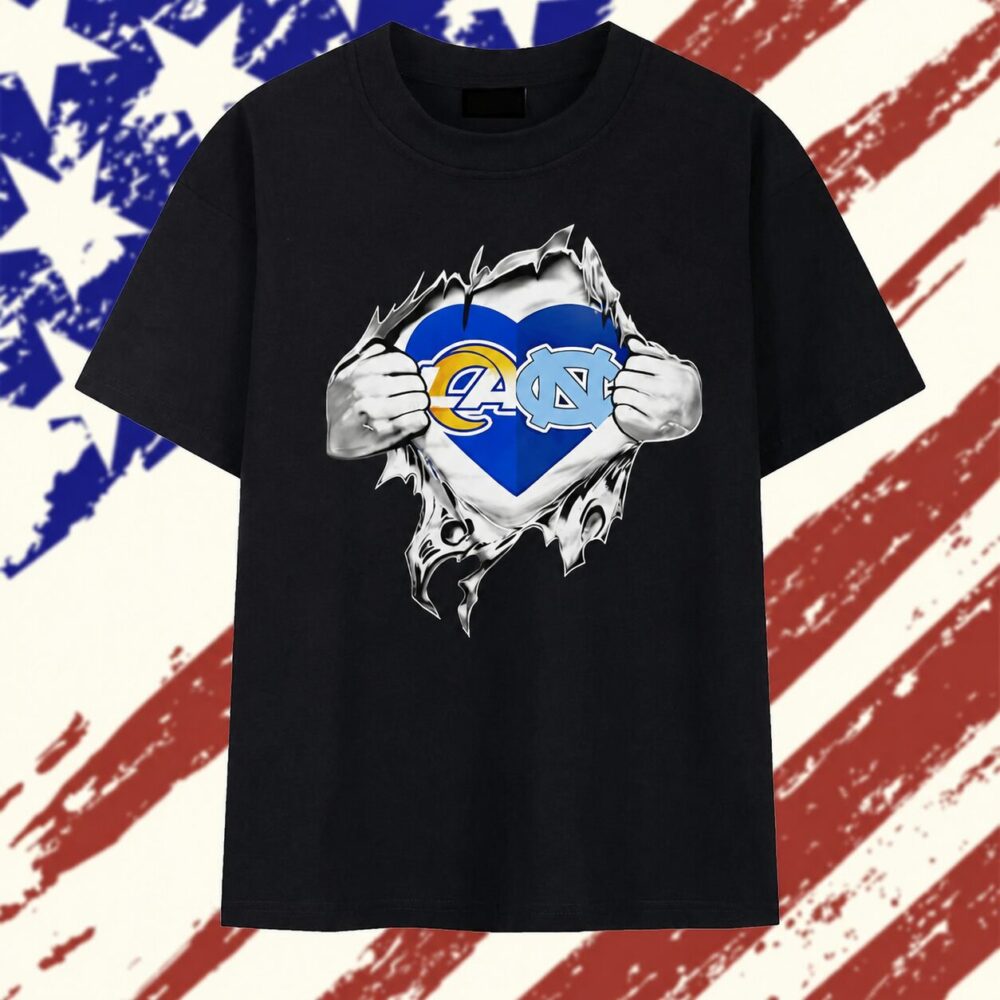 Los Angeles Rams and North Carolina Tar Heels mashup heart with Superman chest rip T Shirt, Trending 2D Shirt Los Angeles Rams And North Carolina Tar Heels Mashup Heart With Superman Chest Rip T Shirt