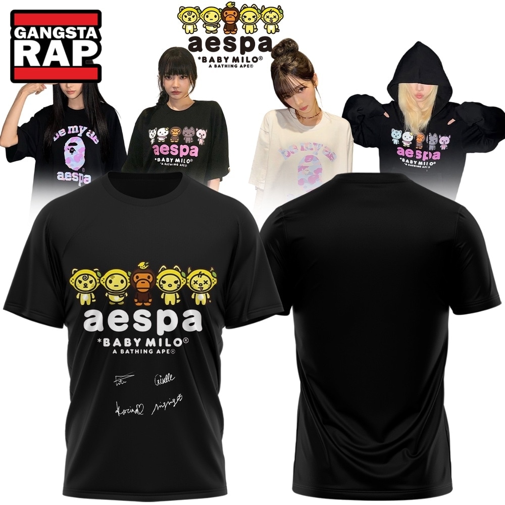 Aespa x BAPE Signed 2026 Limited Edition Black T Shirt , Music Trending 3D Shirt Aespa X Bape Signed 2026 Limited Edition Black T Shirt