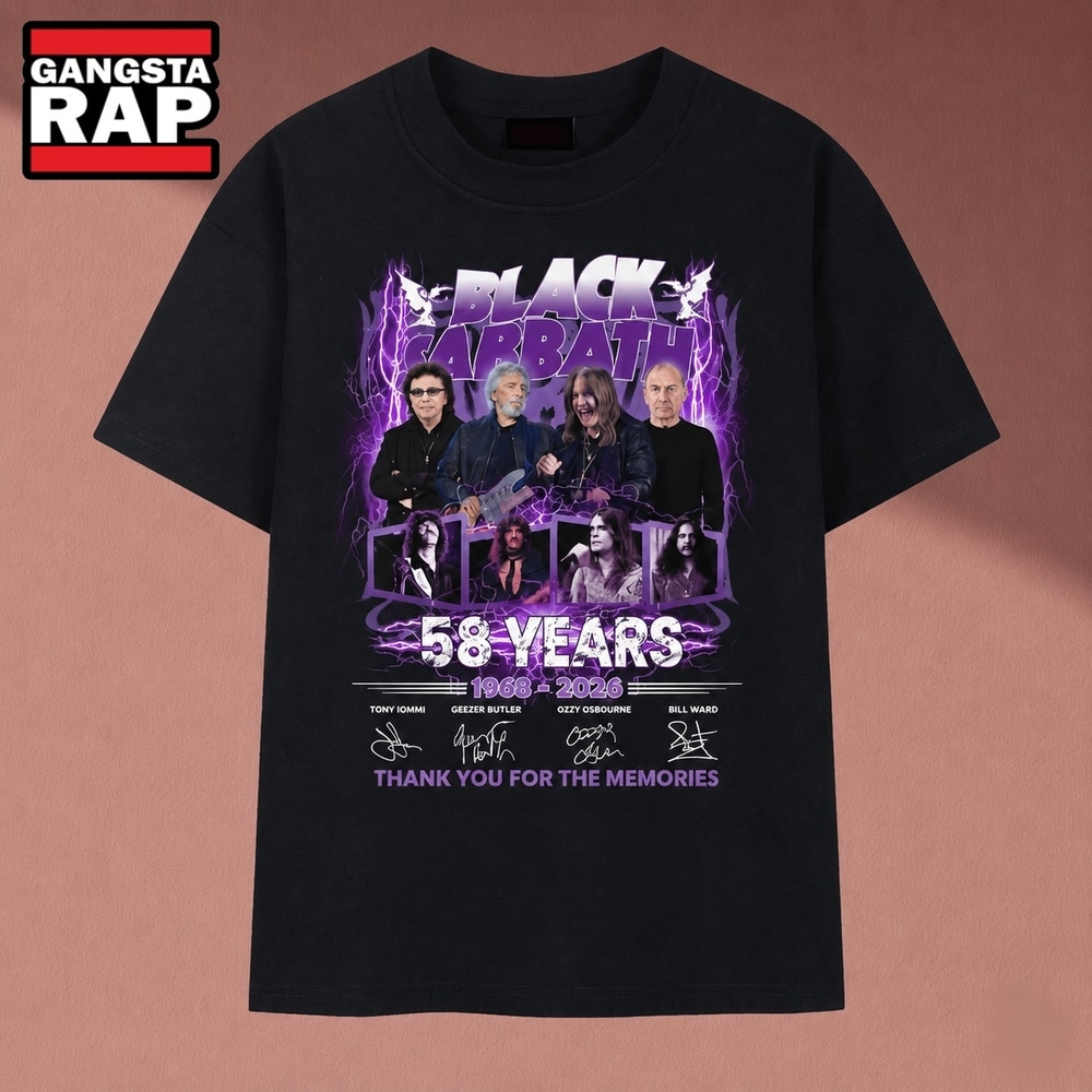 Black Sabbath 58 Years 1968 2026 Band Signatures Rock Graphic T Shirt, Music 2D Shirt Black Sabbath 58 Years 1968 2026 Band Signatures Rock Graphic T Shirt
