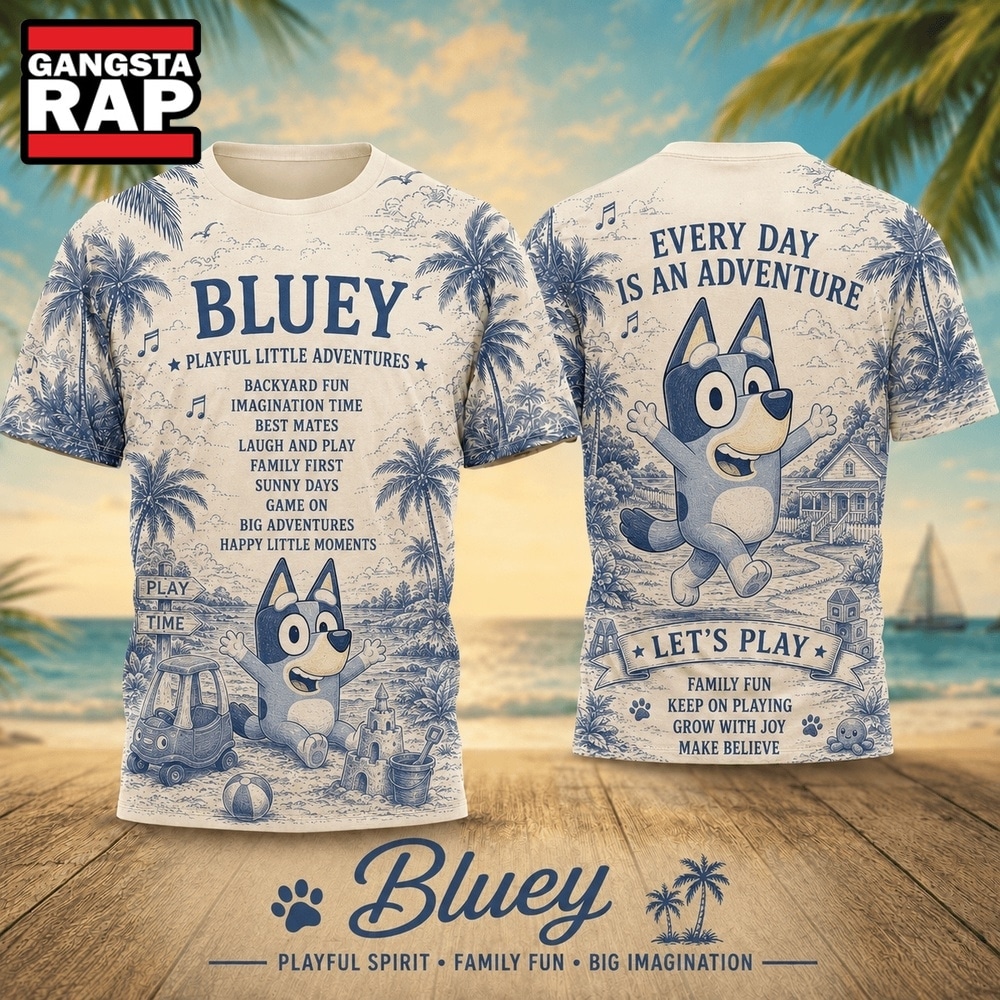 Bluey Playful Spirit Palm Print 2026 Vintage 3D Shirt , Trending 3D Music Shirt Bluey Playful Spirit Palm Print 2026 Vintage 3D Shirt