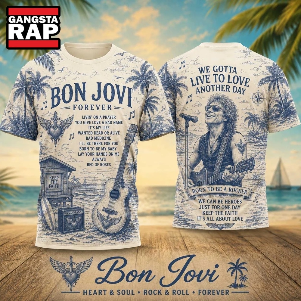 Bon Jovi Forever Palm Trees Acoustic Guitar 2026 Vintage 3D Shirt , Trending 3D Music Shirt Bon Jovi Forever Palm Trees Acoustic Guitar 2026 Vintage 3D Shirt