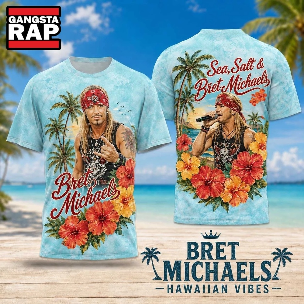Bret Michaels Hawaiian Vibes Tropical Hibiscus Portrait 2026 3D Shirt , Trending 3D Music Shirt Bret Michaels Hawaiian Vibes Tropical Hibiscus Portrait 2026 3D Shirt