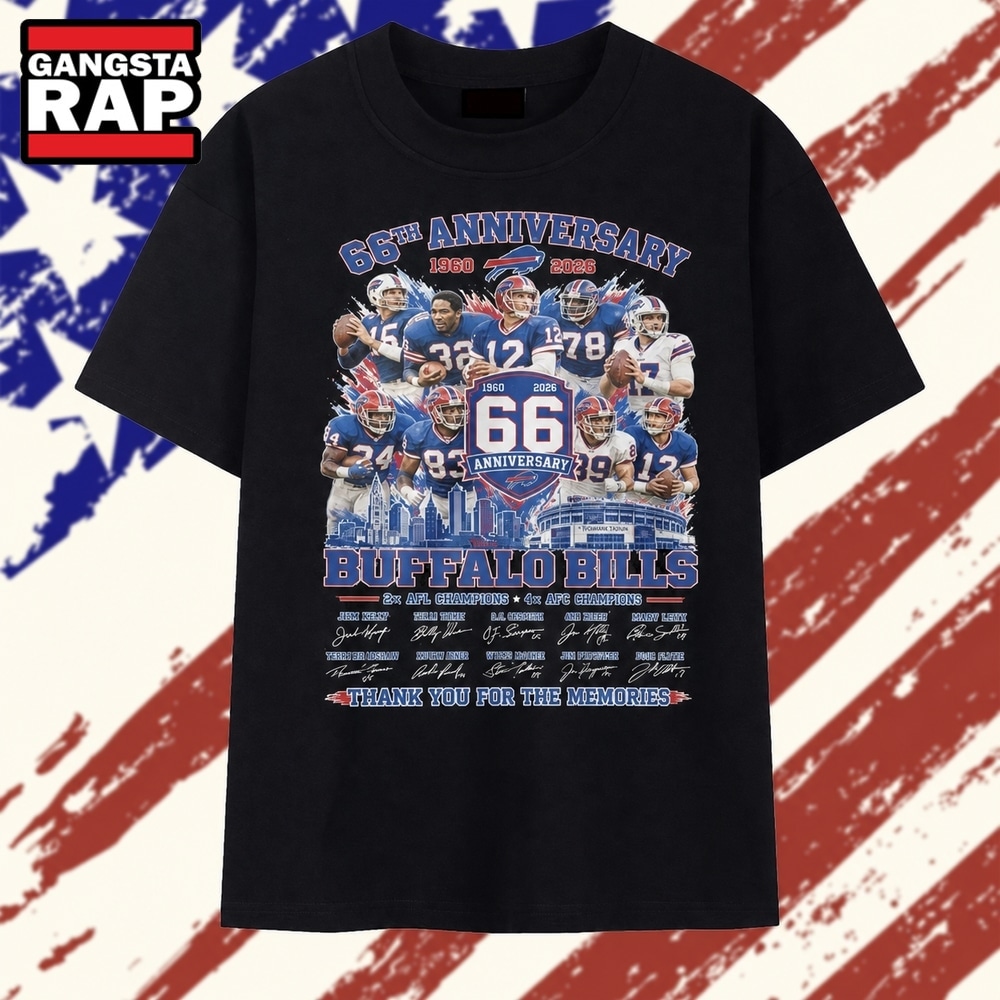 Buffalo Bills 66th Anniversary 1960 2026 Signatures Football T Shirt , Trending 2D Shirt Buffalo Bills 66th Anniversary 1960 2026 Signatures Football T Shirt