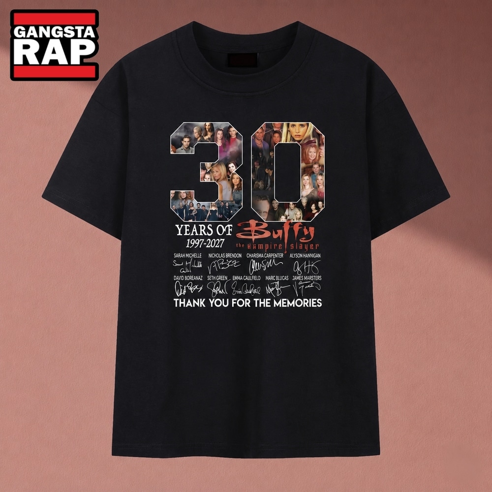 Buffy The Vampire Slayer 30th Anniversary 1997 2027 Cast Signatures T Shirt, Music 2D Shirt Buffy The Vampire Slayer 30th Anniversary 1997 2027 Cast Signatures T Shirt