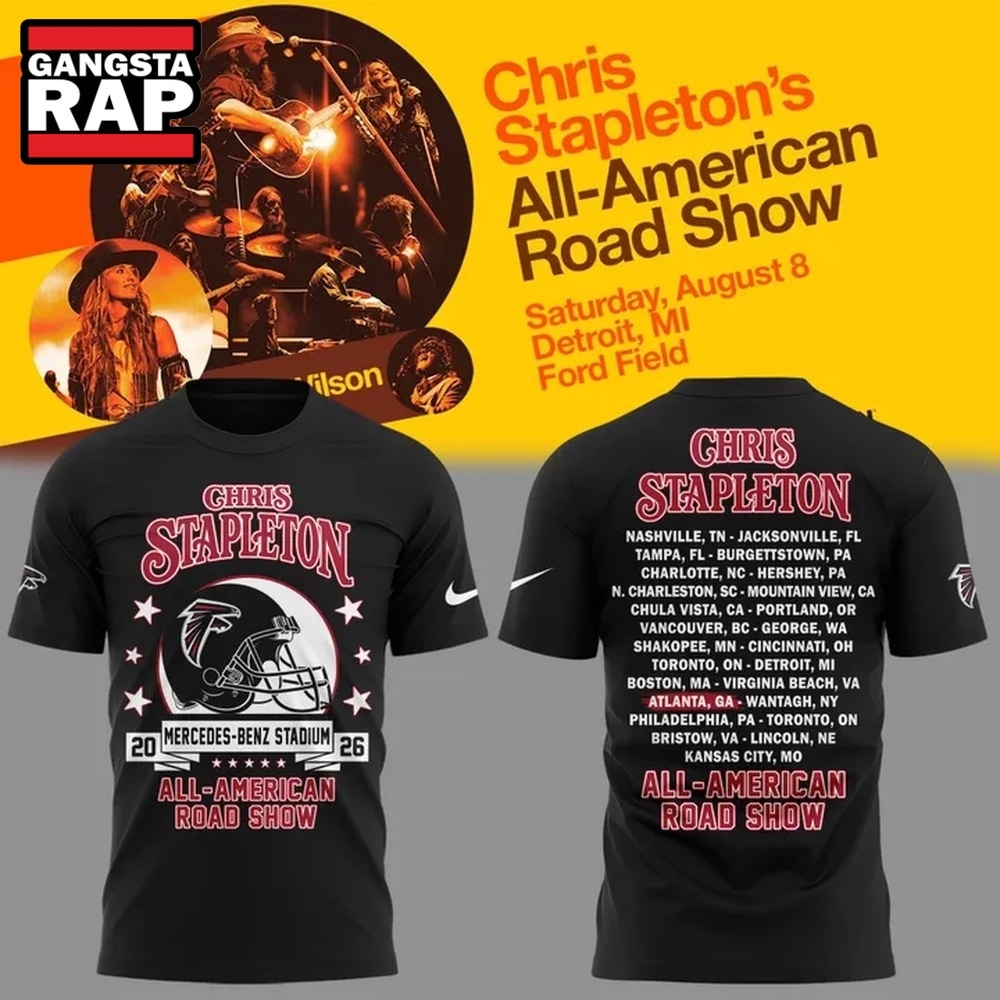 Chris Stapleton x Atlanta Falcons All American Road Show 2026 Black T Shirt, Trending 3D Music Shirt Chris Stapleton x Atlanta Falcons All American Road Show 2026 Black T Shirt, Trending 3D Music Shirt