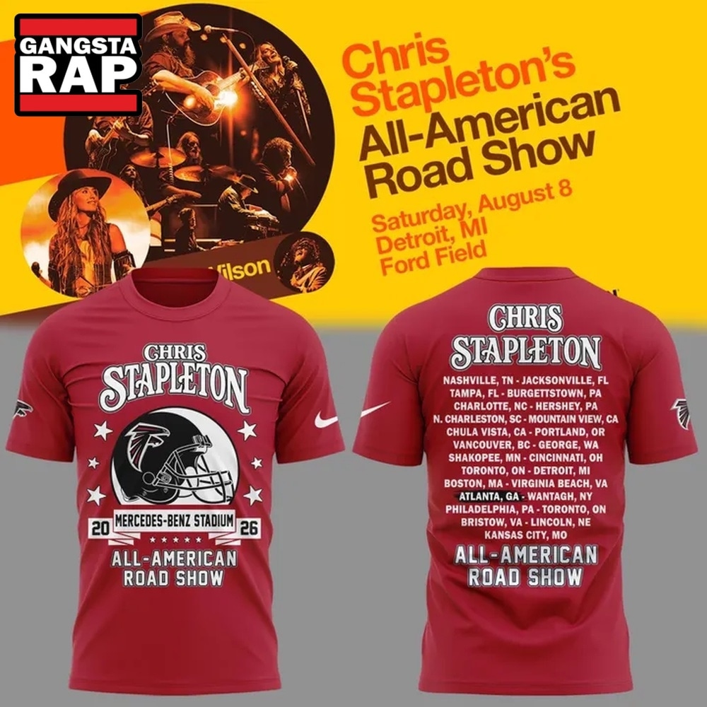 Chris Stapleton x Atlanta Falcons All American Road Show 2026 Red T Shirt, Trending 3D Music Shirt Chris Stapleton x Atlanta Falcons All American Road Show 2026 Red T Shirt, Trending 3D Music Shirt