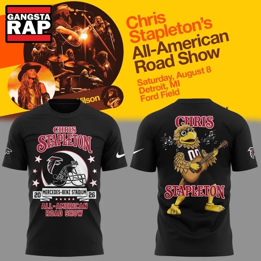 Chris Stapleton x Atlanta Falcons Mascot All American Road Show 2026 Black T Shirt, Trending 3D Music Shirt Chris Stapleton x Atlanta Falcons Mascot All American Road Show 2026 Black T Shirt, Trending 3D Music Shirt