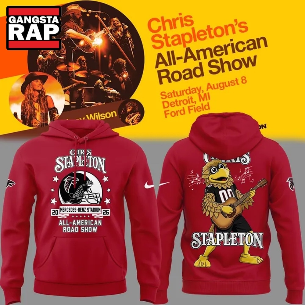Chris Stapleton x Atlanta Falcons Mascot All American Road Show 2026 Red Hoodie, Trending 3D Music Shirt Chris Stapleton x Atlanta Falcons Mascot All American Road Show 2026 Red Hoodie, Trending 3D Music Shirt