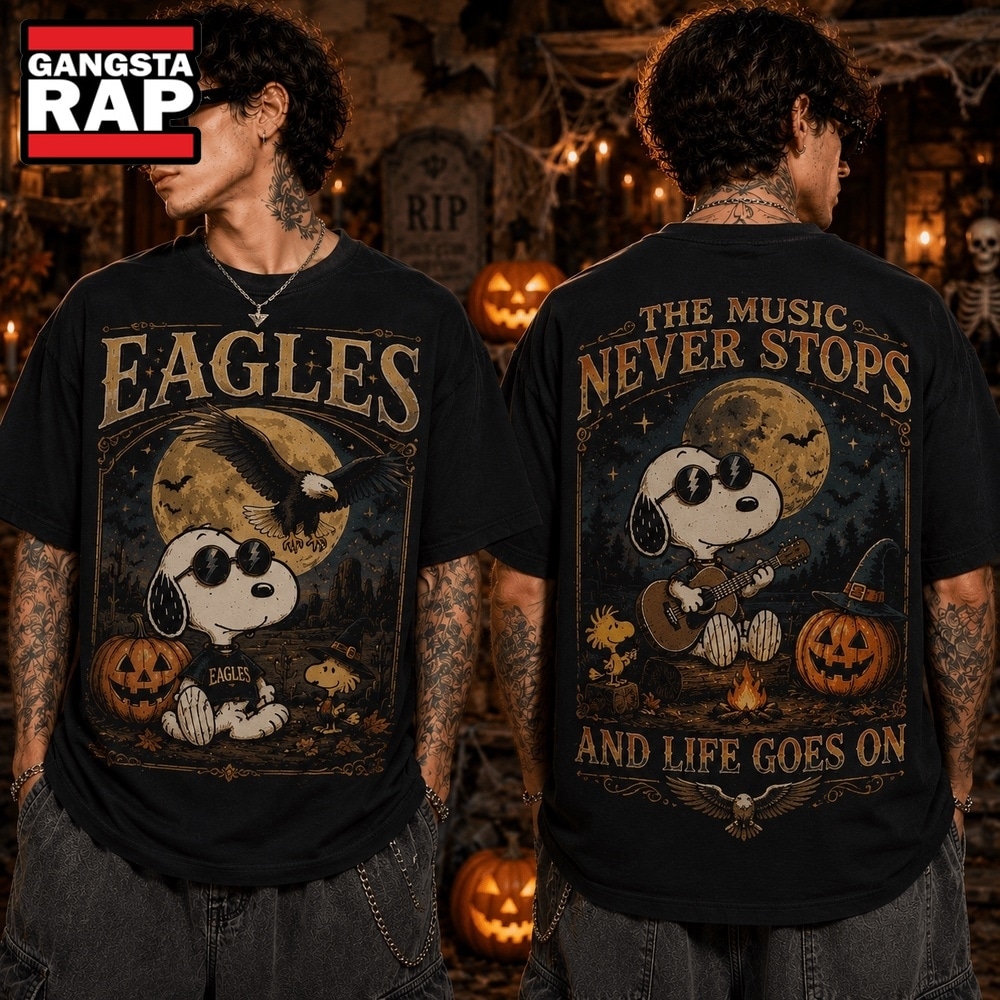Eagles Snoopy Halloween The Music Never Stops 3D Shirt , Music Trending 3D Shirt Eagles Snoopy Halloween The Music Never Stops 3D Shirt