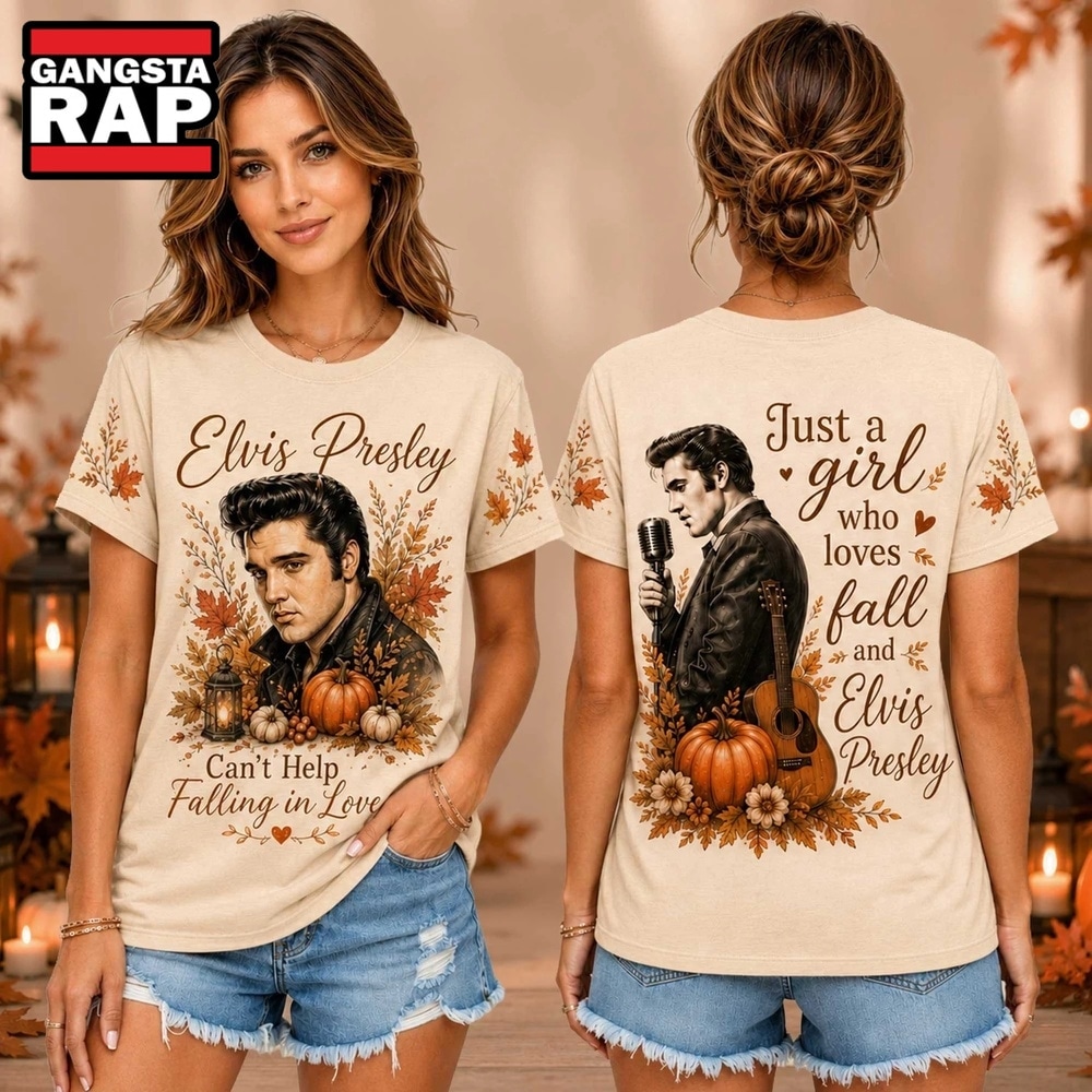 Elvis Presley Autumn Leaves Pumpkin Vintage Portrait Unisex 3D Shirt , Music Trend Shirt Elvis Presley Autumn Leaves Pumpkin Vintage Portrait Unisex 3D Shirt