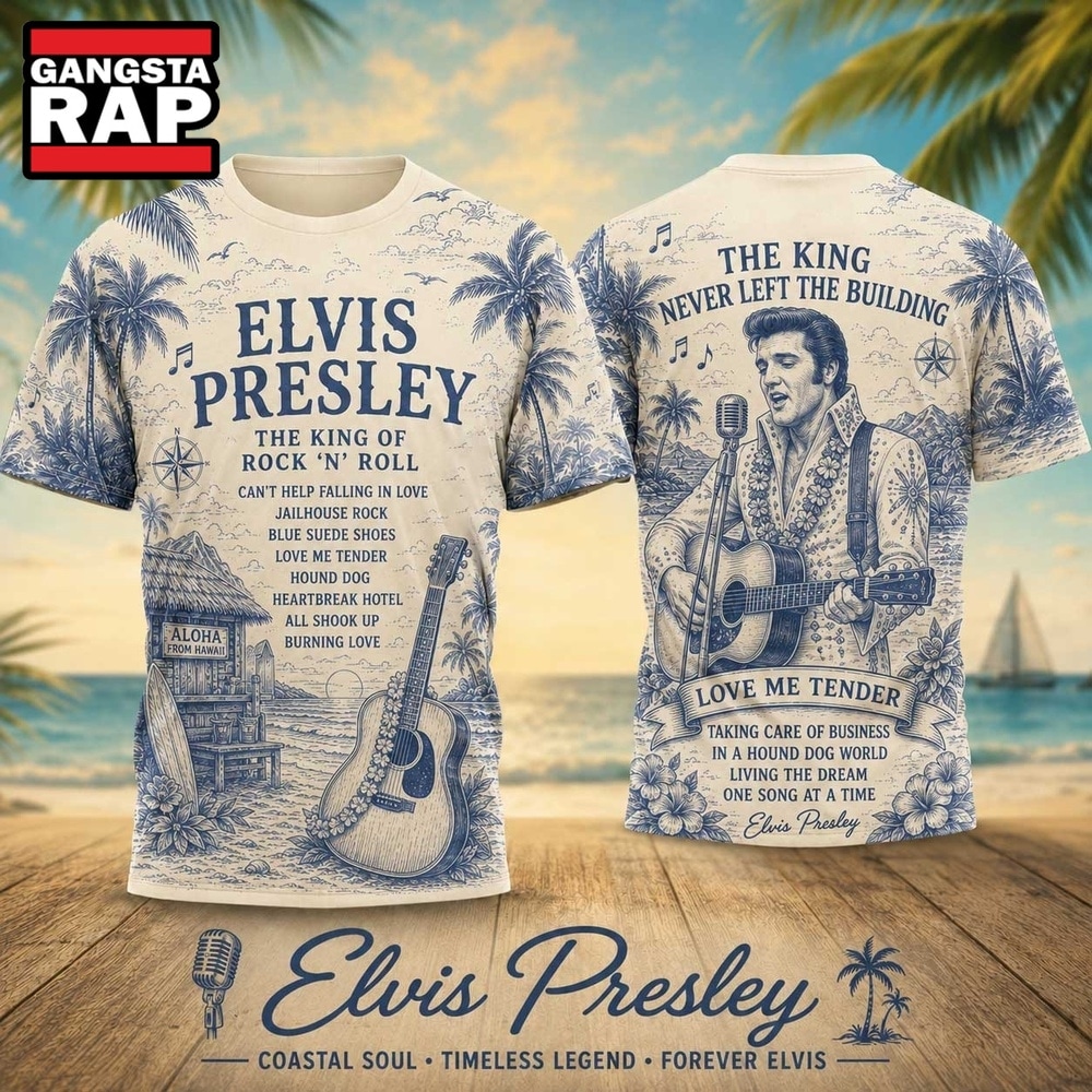 Elvis Presley Coastal Palm Vintage Guitar 2026 3D Shirt , Trending 3D Music Shirt Elvis Presley Coastal Palm Vintage Guitar 2026 3D Shirt