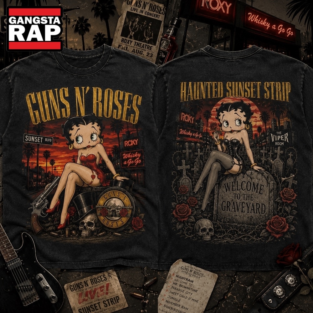 Guns N’ Roses x Betty Boop Haunted Sunset Halloween 3D Shirt , Trending 3D Music Shirt Guns N Roses X Betty Boop Haunted Sunset Halloween 3D Shirt