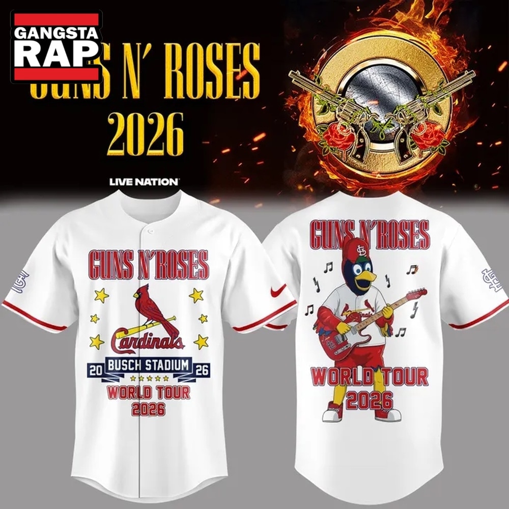 Guns N' Roses x St. Louis Cardinals World Tour 2026 Mascot White Deisgn Baseball Jersey, Trending Music Jersey Guns N' Roses x St. Louis Cardinals World Tour 2026 Mascot White Deisgn Baseball Jersey, Trending Music Jersey
