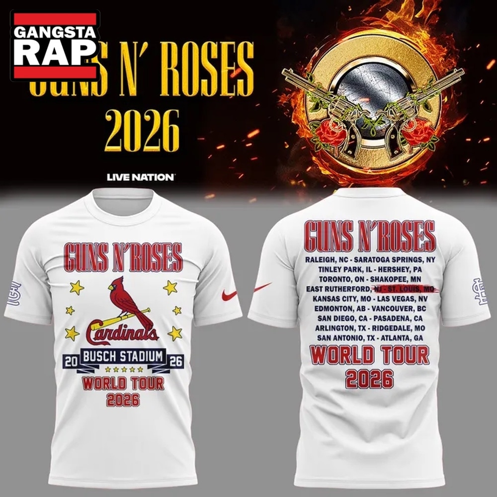 Guns N' Roses x St. Louis Cardinals World Tour 2026 White T Shirt , Trending 3D Music Shirt Guns N' Roses x St. Louis Cardinals World Tour 2026 White T Shirt , Trending 3D Music Shirt