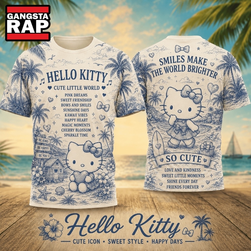 Hello Kitty Blue Palm Trees Vintage Storybook 2026 Vintage 3D Shirt , Trending 3D Music Shirt Hello Kitty Blue Palm Trees Vintage Storybook 2026 Vintage 3D Shirt